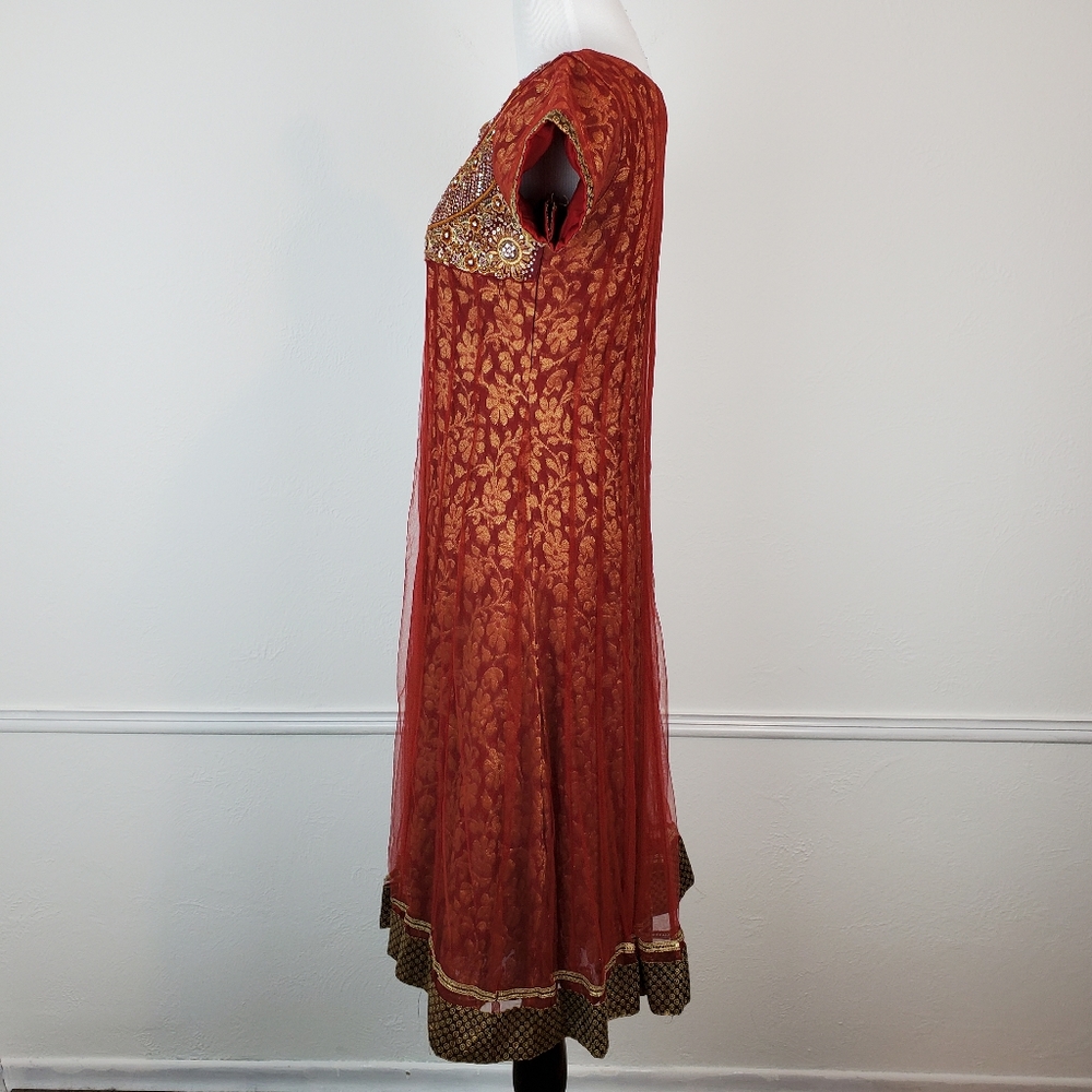 Traditional Indian Dress Pakistani Beaded Floral Embellished Metallic Burnt Red - Picture 8 of 16